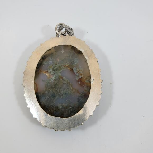 Handmade Sterling Silver Pendant with Moss Agate Oval Cabochon Green Gemstone - Picture 3 of 10